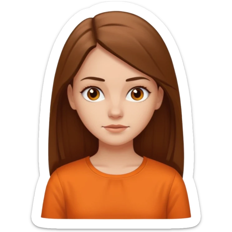 white girl with long straight hair and orange blouse not smiling sticker