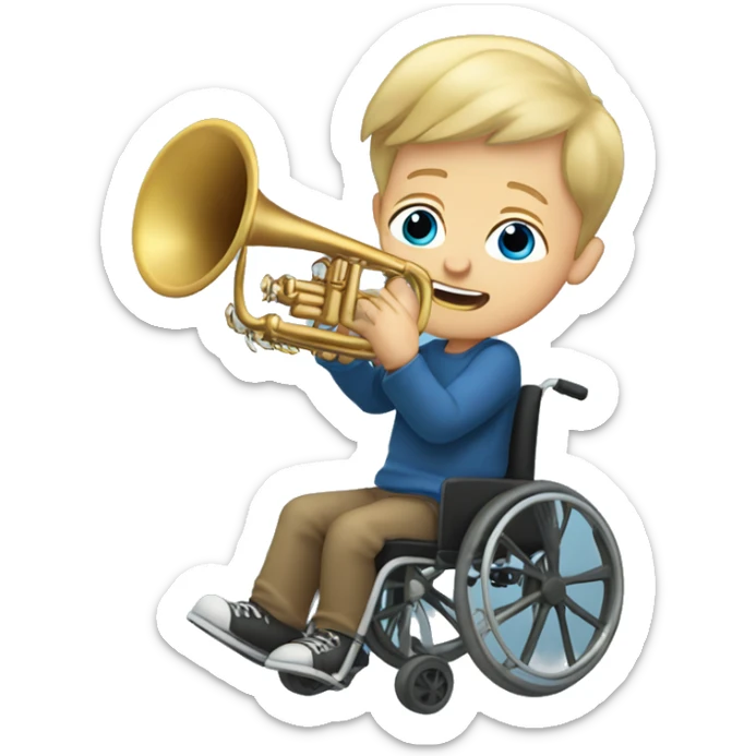 White Boy with dirty blonde hair and blue eyes in a wheelchair holding a trumpet sticker