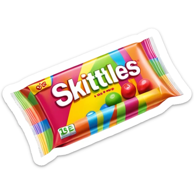 A damaged Skittles package repaired with strips of clear scotch tape, colorful packaging with rainbow colors, minimalist sticker