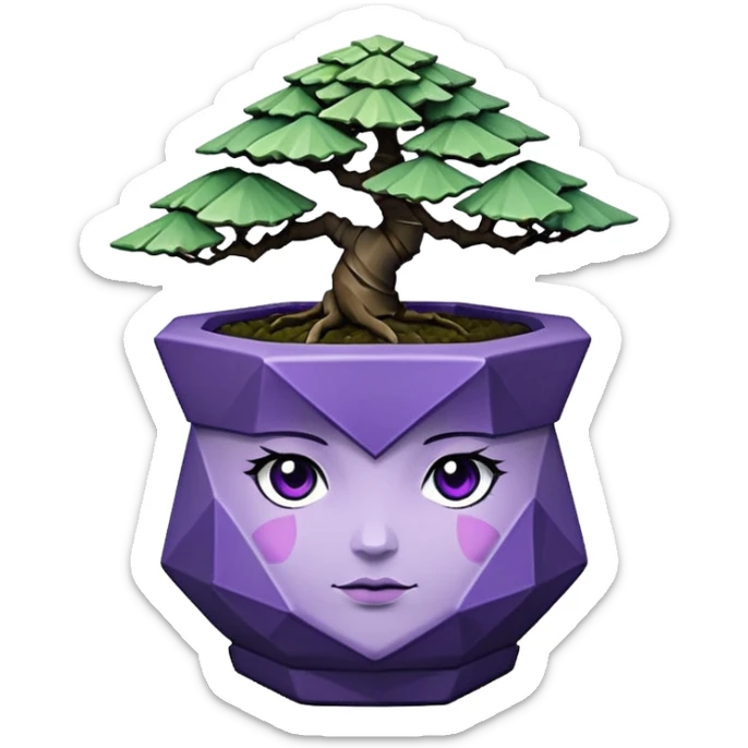  Earthenware small short squat cascading black green-violet bonsai pot plant purple hair-leaf pine tree with triangular angular polygonal faceted asymmetrical originally shaped pot sticker