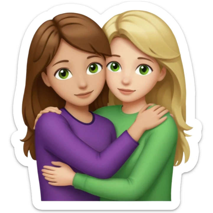 Maman : cheveux marrons, yeux marrons peau blanche fille cheveux blond yeux verts peau blanche qui se font un câlin  sticker