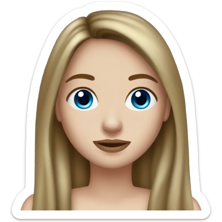 Brunette white girl with long hair and curtain bangs, dark grey blue eyes and freckles an a female portrait emoji sticker