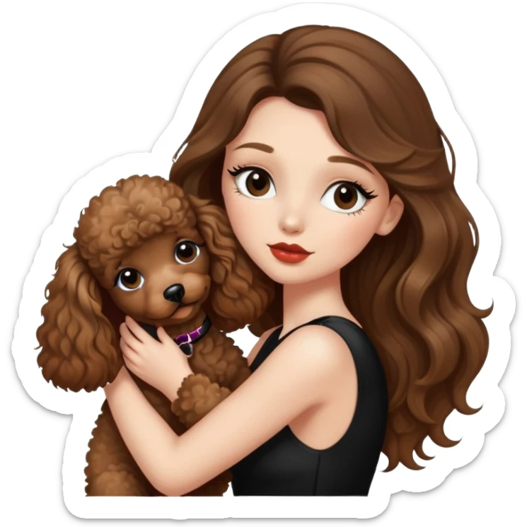 girl with long balayage hair and long lashes, wearing black halterneck top, and holding and kissing a brown poodle sticker