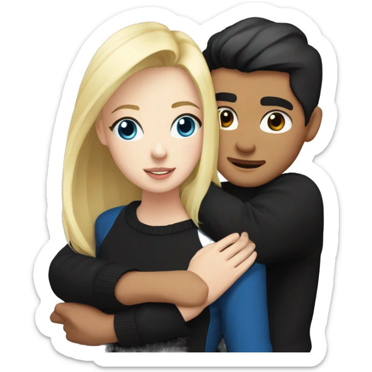 Blonde girl with blue eyes in black sweater and an east asian man with black hair and black eyes hugging sticker