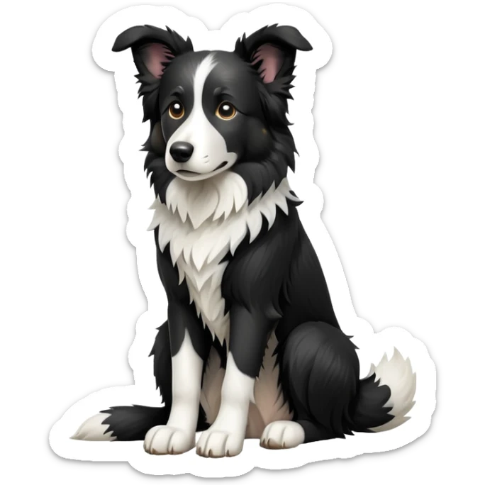 cinematic-[border collie dog]-realistic-full-body-sitting-emoji,-tail-resting-loosely-beside-its-paws,-head-tilted-dramatically,-scruffy-[black and white]-fur,-simplified-yet-realistic-focused-features,-highly-detailed,-glowing-with-an-almost-sarcastic-glow sticker