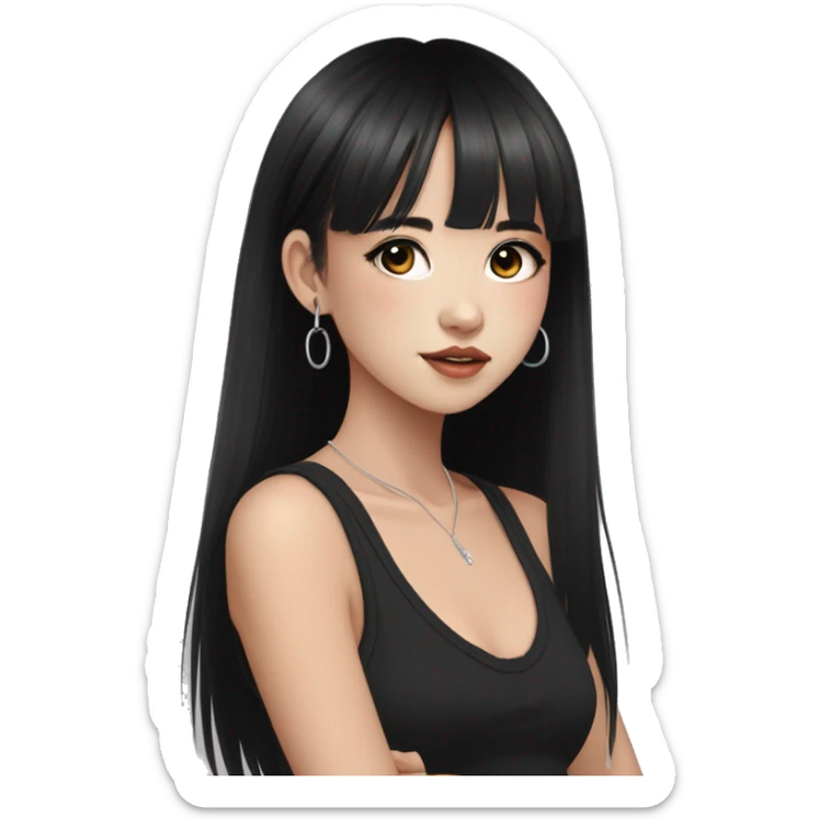 Korean girl, black tank top, black hair, black eyes, layered hair, cool girl, aesthetic, long hair, hime cut, blunt bangs, small silver hoop earrings sticker