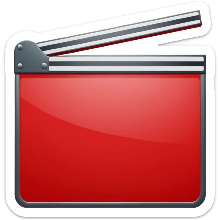 Glossy bright red clapperboard in the classic style of Apple icons: the top bar is tilted up-left, the body and bar with a deep glossy glare, dark gray edging, black background inside, perfectly square with rounded corners. sticker