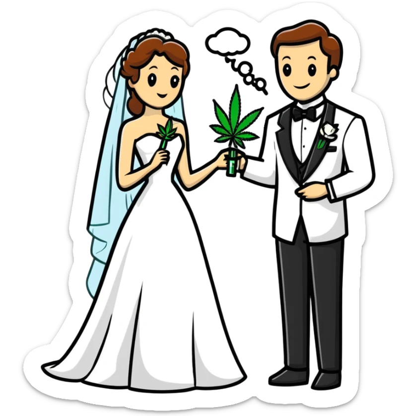 Bride in white dress and groom in tuxedo sharing a cannabis joint, cheerful cartoon wedding couple sticker