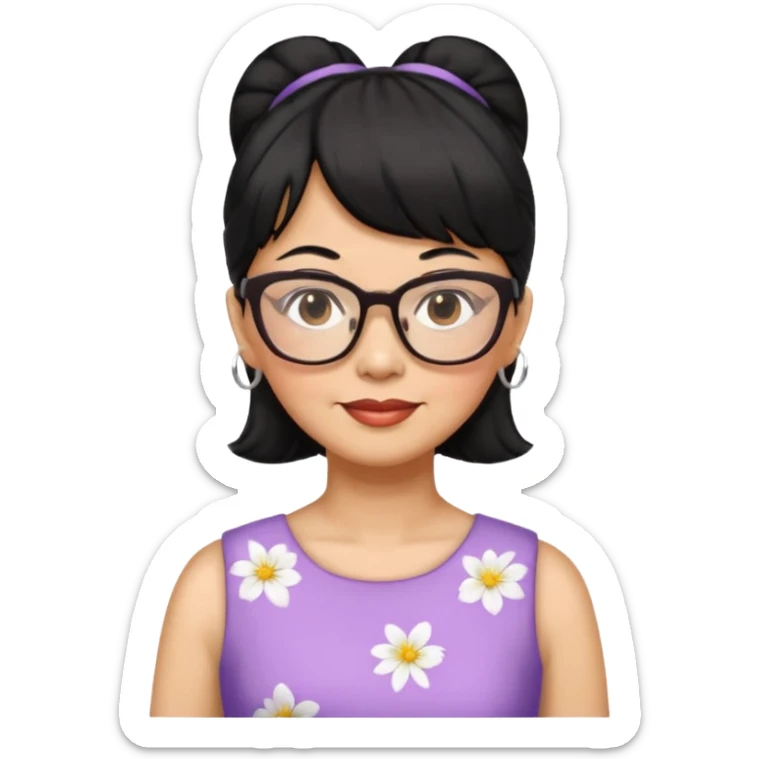 filipino woman black hair in one pony tail with straight bangs and big glasses, 60 yr old, nice dress

 sticker