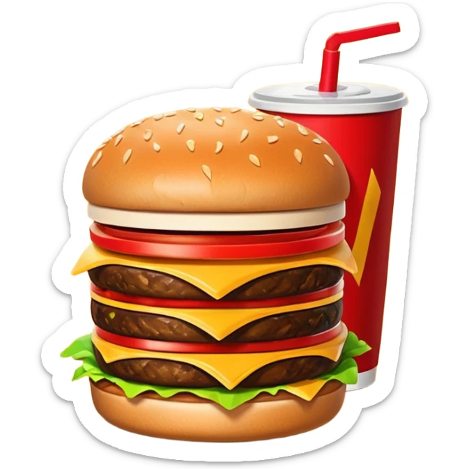A clean and simple icon of fast food in emoji-style illustration. A burger with fries and a soda cup, bright and bold colors, simple shapes, flat design, high contrast, inviting and appetizing. sticker