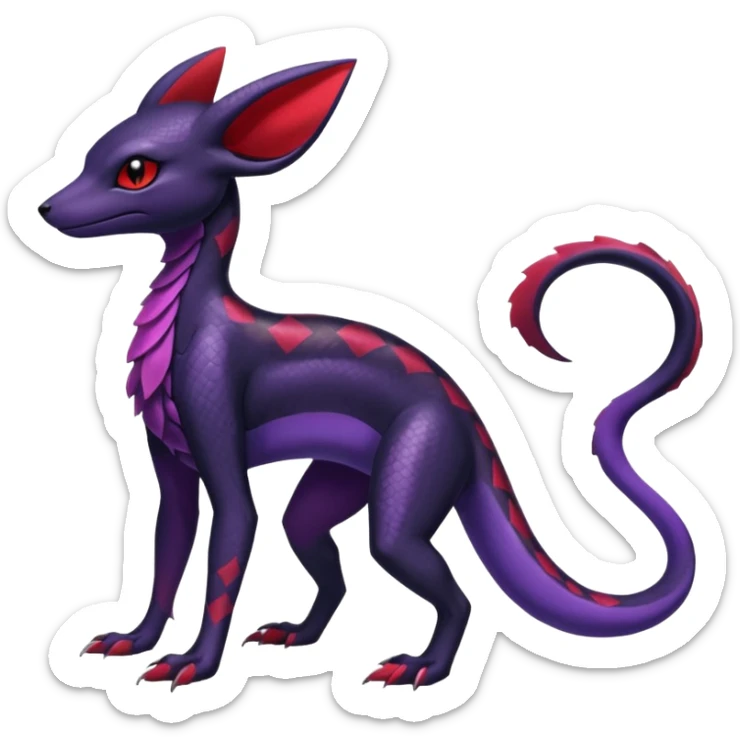 Gothic Black red purple Scaley Exotic Salandit-Umbreon-Suicune-Fakémon-hybrid-creature (full body), 4 legs sticker