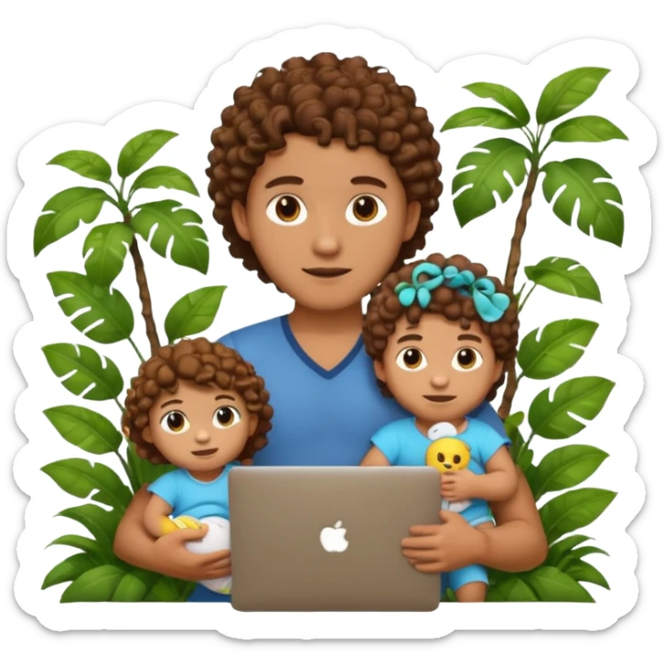 a guy with curly hair in the middle of the jungle holding a baby doll and a laptop, emoji style, more focus on the laptop sticker