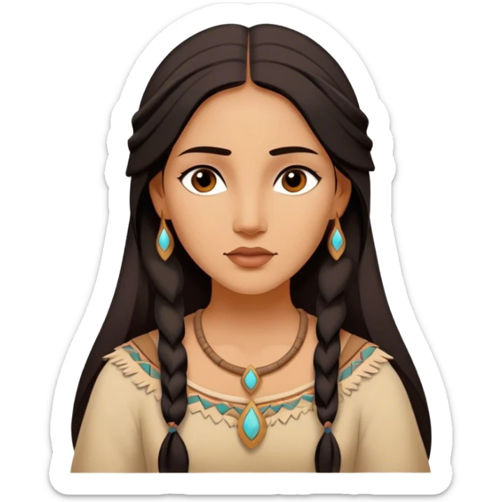Cinematic Serene Pocahontas Portrait Emoji, rendered in a realistic, simplified vector style. Depict a gentle Pocahontas (chest and above) with warm, glowing skin, loosely flowing dark hair, and a calm, reflective expression, wearing modest traditional attire in earthy hues. The image is bathed in a soft, inviting glow with high shine and a soft glowing outline. sticker