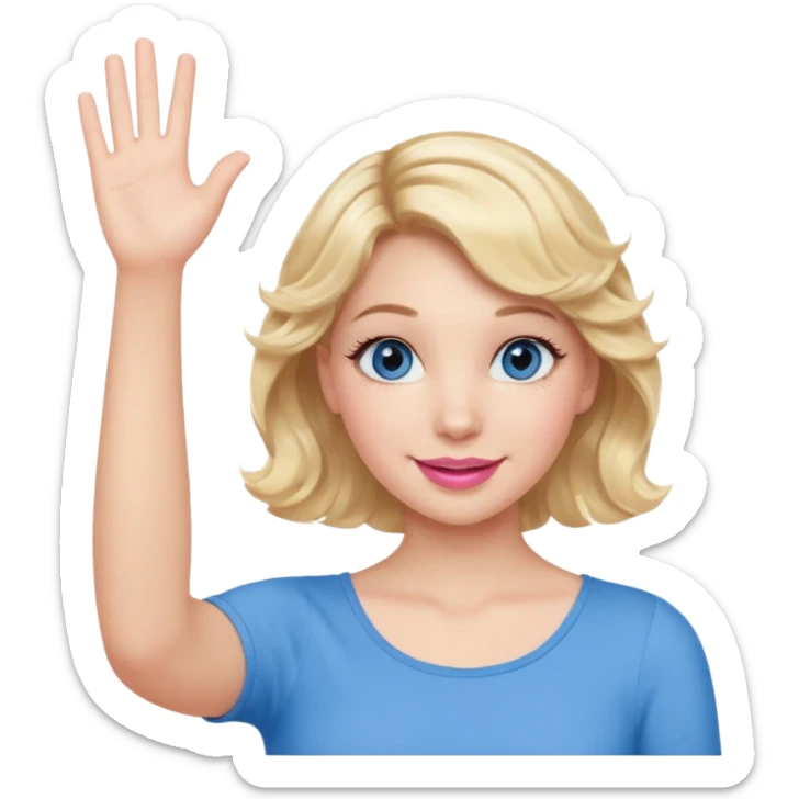 Girl Blonde short wavy hair,  blue eyes, cute blue top, long lashes, pink lips, waving hello  sticker