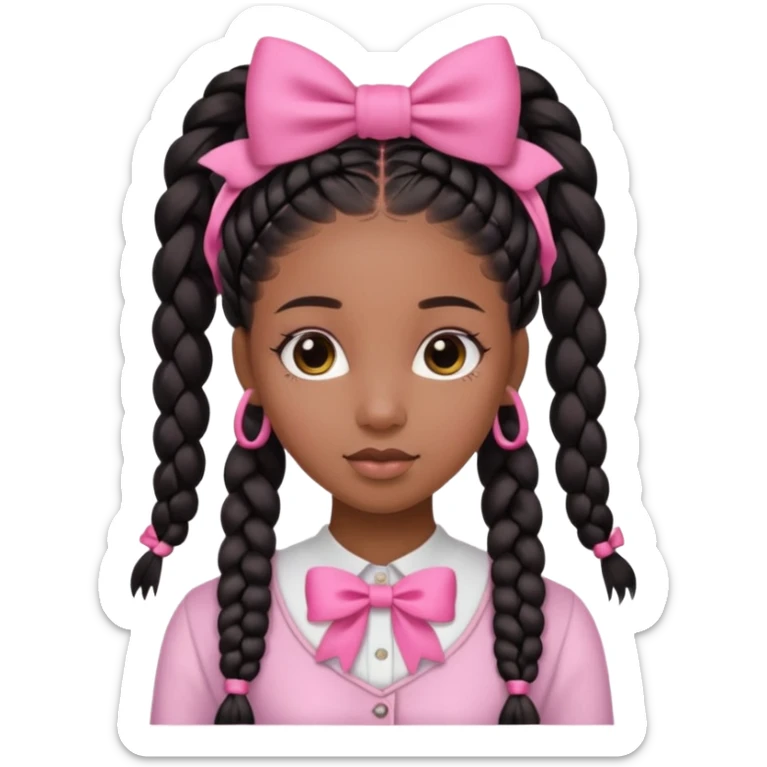 a cute black girl with long goddess braids and a cute pink bow on her head  sticker