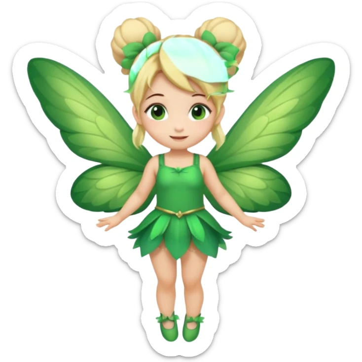 fairy with bun blonde hair, green wings, happy, chibi full body sticker