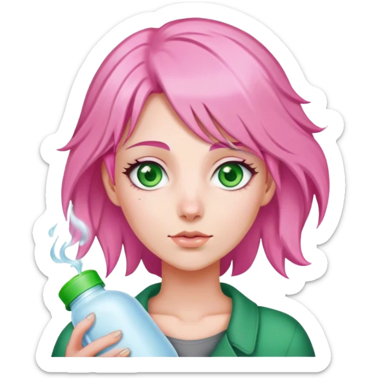 Pink hair green eyed woman with hot water bottle  sticker