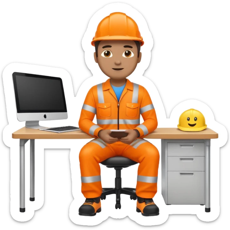 full body man in orange high visibility workwear seated at a desk, emoji style sticker