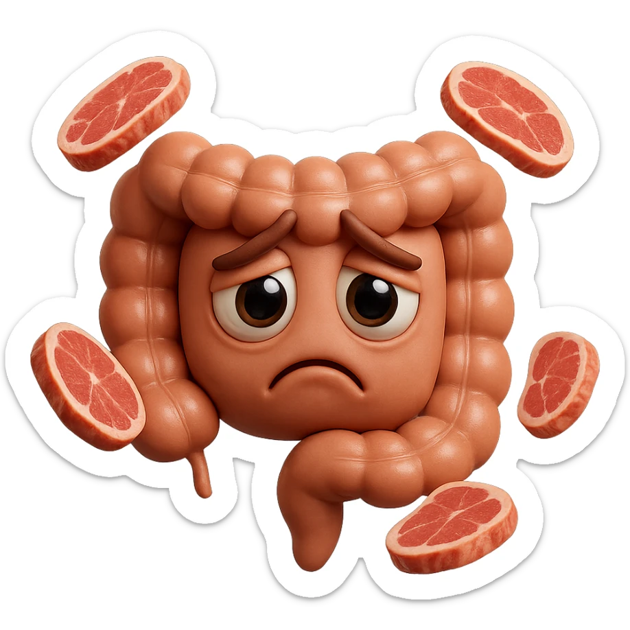emoji stile iphone in 3d di un intestino triste con fette di carne che gli fluttuano intorno, gli occhi falli con la parte bianca pure, iperrealistico 4k sticker