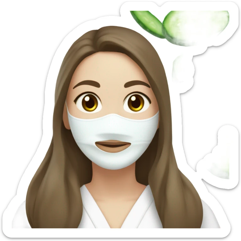 White girl with Brown hair and blue eyes wears a Green skincare textured mask and puts on cucumbers around her eyes while She relaxes in her white Robe sticker