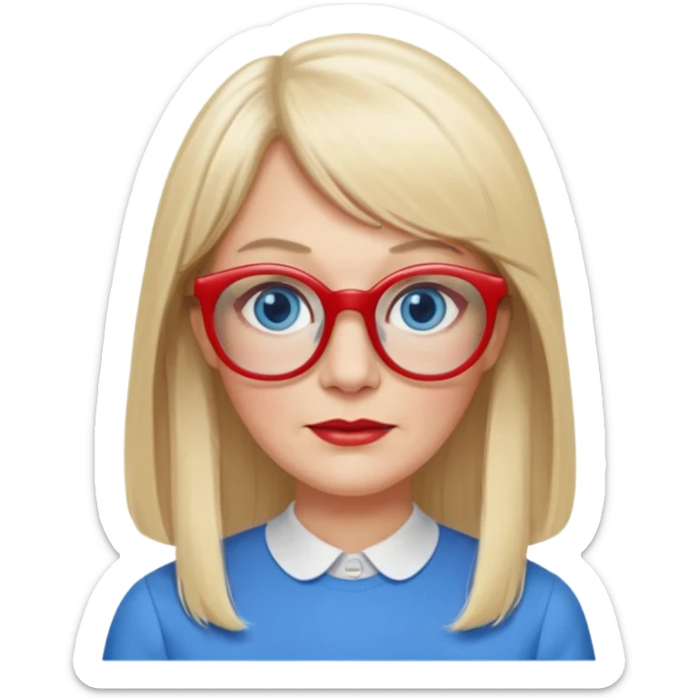 50 yr old white woman, pale skin, long straight blond hair parted in center, blue eyes, bangs, clothes for school, big red glasses, oval face,  sticker