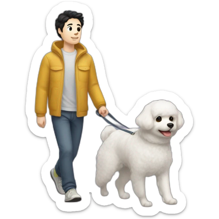 a 32-year-old man with pale skin and black hair going for a walk with a female 9-year-old Bichón Frisé dog. There shouldn't be a third person in the image, sticker