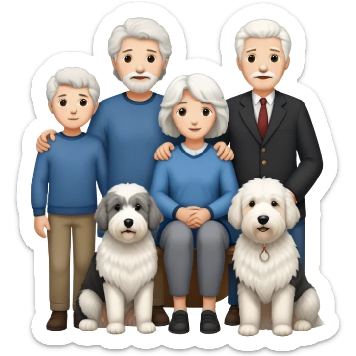 A family with mom, dad, three sons, and an Old English Sheepdog sticker