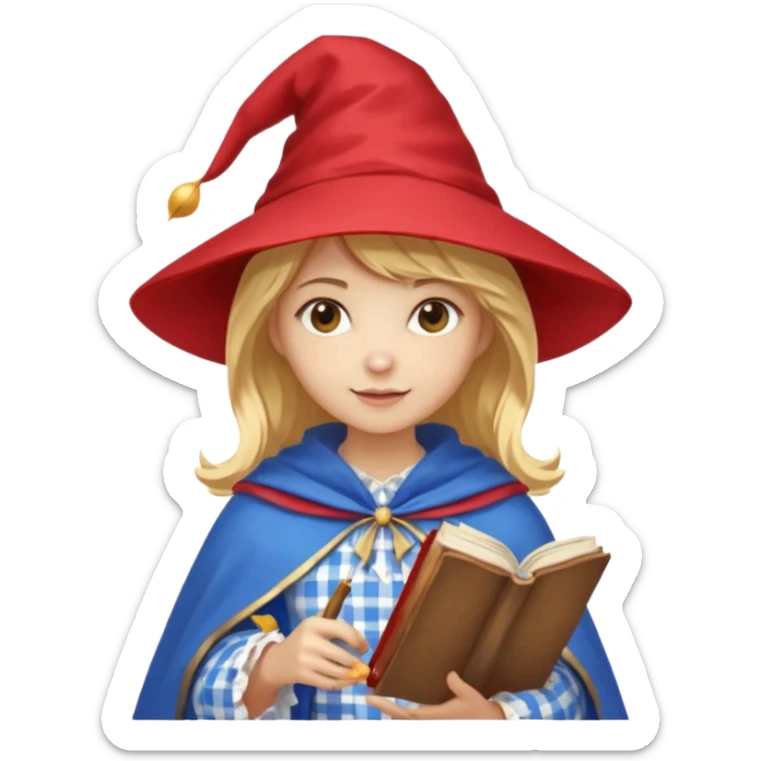 young woman mage with golden blonde hair, red and white gingham dress, blue cloak and pointy hat, holding a spellbook, emoji style sticker