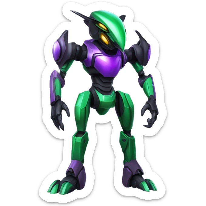 a shiny black-green-purple Genesect-Raptor-Fakémon-Medabot-hybrid with a futuristic visor-helmet full body sticker