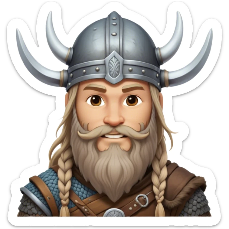 Clash of Clans aesthetic: Beautiful and Majestic Viking Portrait Emoji, Rendered in serene confidence with a gentle, enigmatic smile and a refined, weathered Viking helmet, showcasing a noble, sturdy build with long braided hair and a dignified beard, his face in natural skin tone, Simplified yet exquisitely endearing features, highly detailed, glowing with a soft, majestic Nordic light, high shine, calm and heroic, stylized with an air of timeless Norse elegance, soft glowing outline, capturing the essence of a majestic Viking whose noble spirit inspires epic quests! sticker