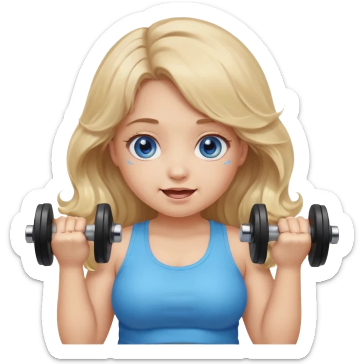 Kawaii emoji girl with big  blue glossy eyes, long wavy dirty blonde hair, happy expression, holding a dumbell, chubby cheeks, soft pastel colors, cozy and sweet aesthetic, clean background. sticker