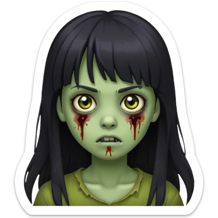 girl zombie with black long hair and bangs, greenish skin sticker