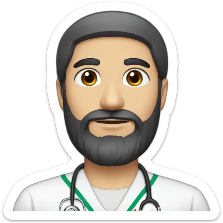 An Iranian man with fair skin, with relatively long hair and an English model, with a medical uniform and a medium-shaded black beard, handsome black eyes and a round face and big lips. sticker