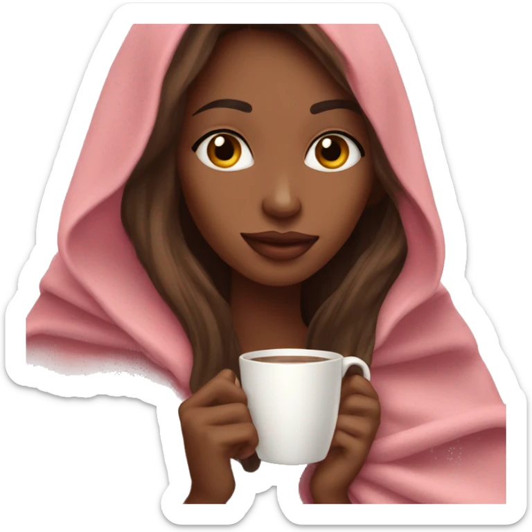 very long brown skin hair pretty girl in a pink blanket sipping coffee sticker