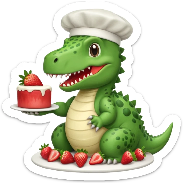 quiero un dinosaurio divertido para niños con delantal y gorro de chef y en la mano una tarta sticker