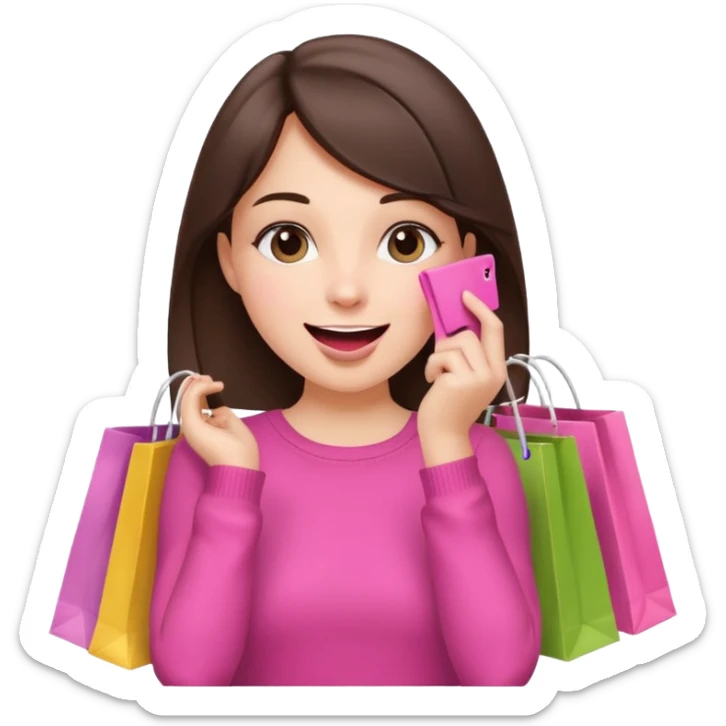 A happy brunette girl holding shopping bags with one hand on her mouth, just like the 🤭 emoji, in pink color scheme. sticker