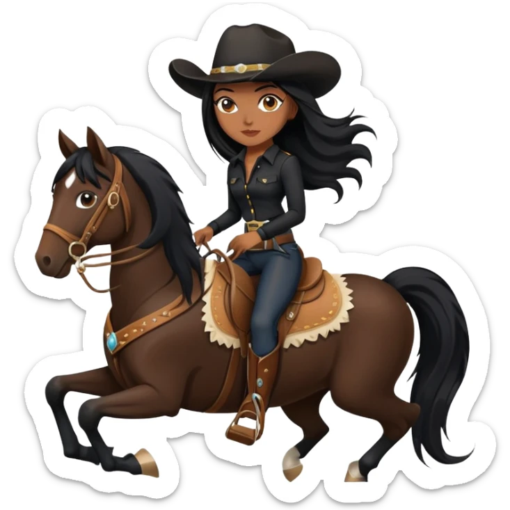 confident hot tanned woman with long black hair wearing black outfit riding a horse cowgirl style sticker