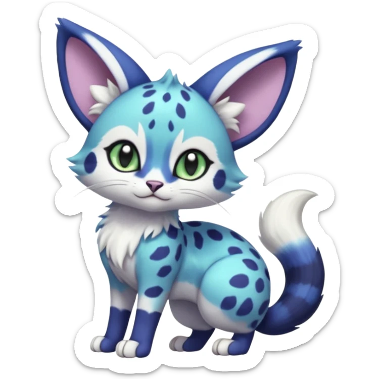 Exotic tropical shiny cute realistic Cobalt-Blue green purple black white Purloin-Meowstic-Minccino-Cinccino-serval-furret-Noibat-caracal-fusion-hybrid-creature (full body) sticker