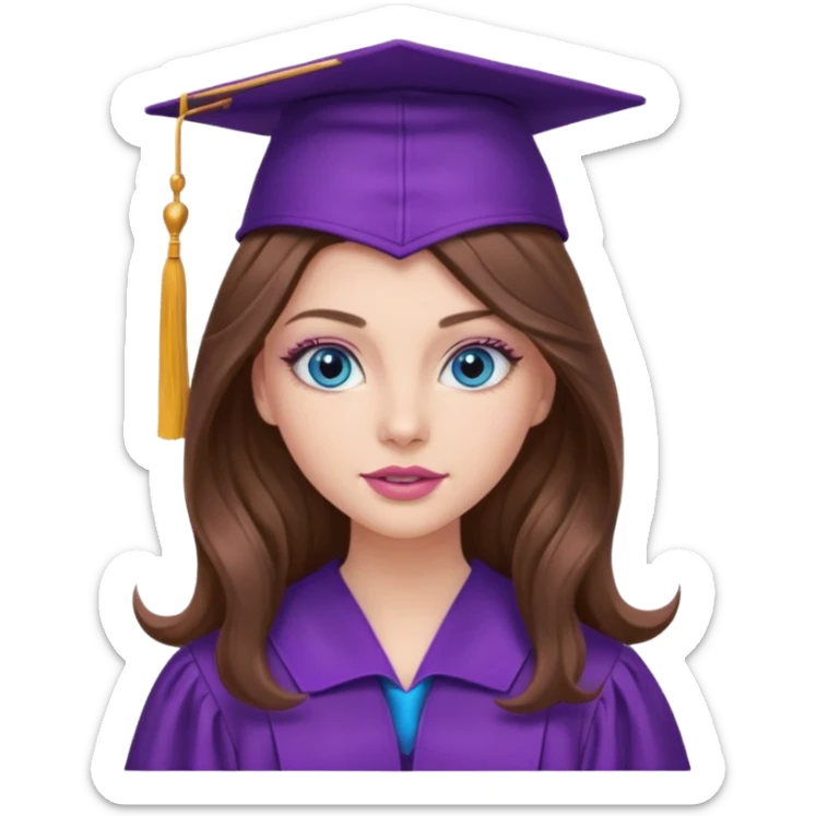 girl with very long wavy brown hair, blue eyes, long lashes makeup, sexy pink lips, wearing a purple graduation cap and gown sticker