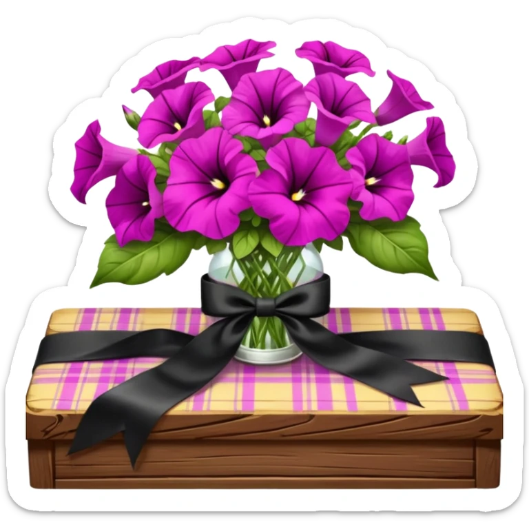 A lush bouquet of bright light margenta color petunia black satin ribbon, resting on an antique wooden table, with a pale yellow and pink plaid pattern table cloth sticker
