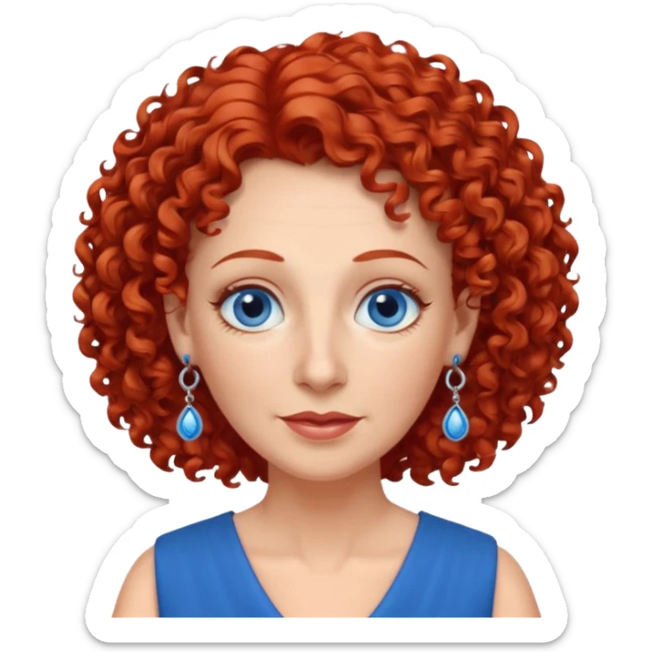 una profesora mayor simpática con el pelo rojo rizado, ojos azules, vestido azul y pendientes azules hablando sticker