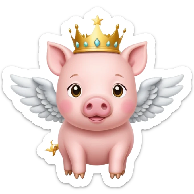 a cute little pink pig flying with angel wings and gold crown on it's head sticker