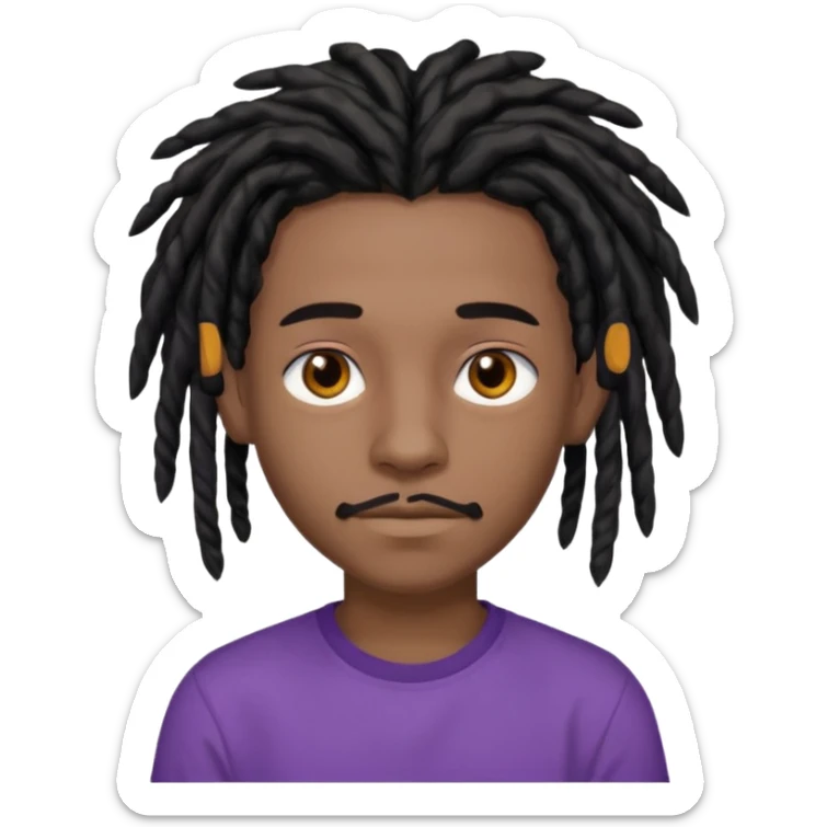 black teen with black dreads in a middle part with brown eyes and a small mustache and purple shirt sticker