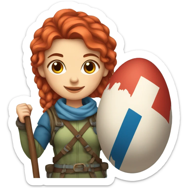 female winter mountaineer red hair holding greek flag and easter egg sticker