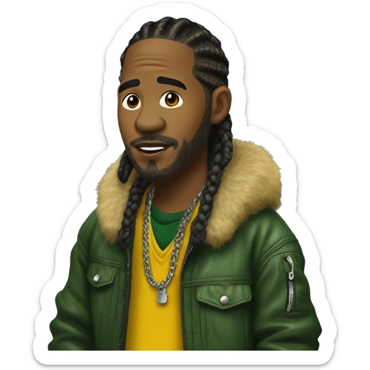 Side profile of a hip hop artist with braids. He has an arm extended down, holding a mic. He's wearing a very dark green crocodile jacket. The jacket has a furry yellow mustard collar.  sticker