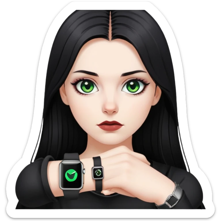 white girl, dark hair, goth style, straight hair, green eyes, without lipstick, apple watch on hand sticker