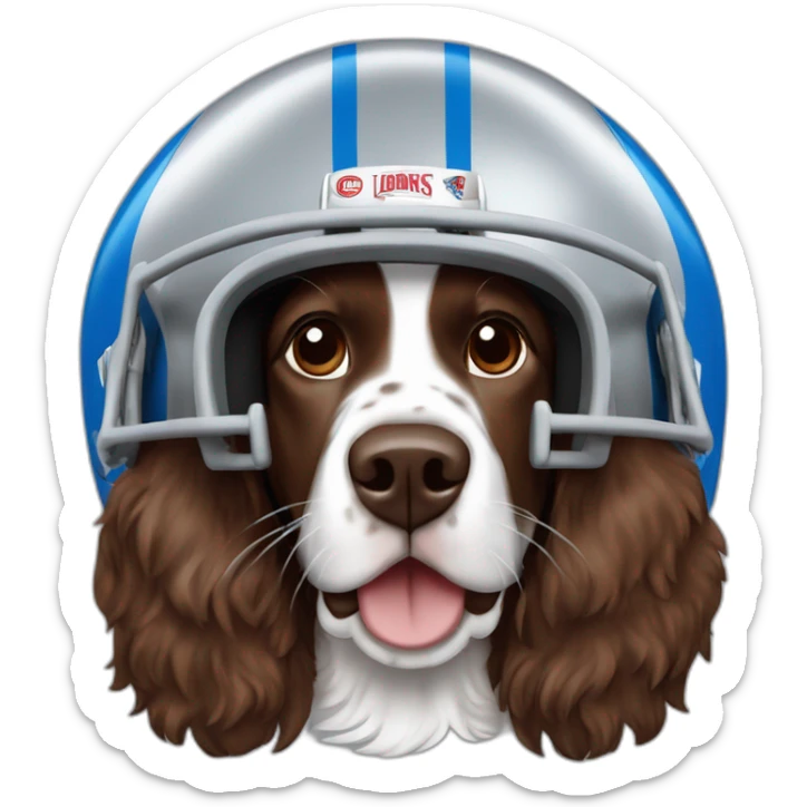 brown springer spaniel wearing detroit lions football helmet and holding football sticker