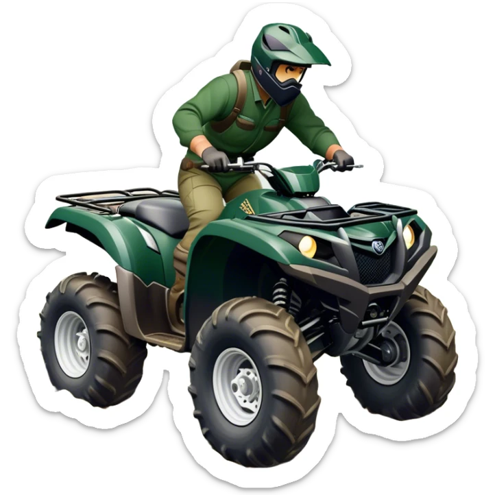 Yamaha Grizzly 700 (2019) – Cinematic-realistic Yamaha Grizzly 700 ATV, its dark green frame tearing through muddy trails. Thick off-road tires grip the rugged terrain sticker