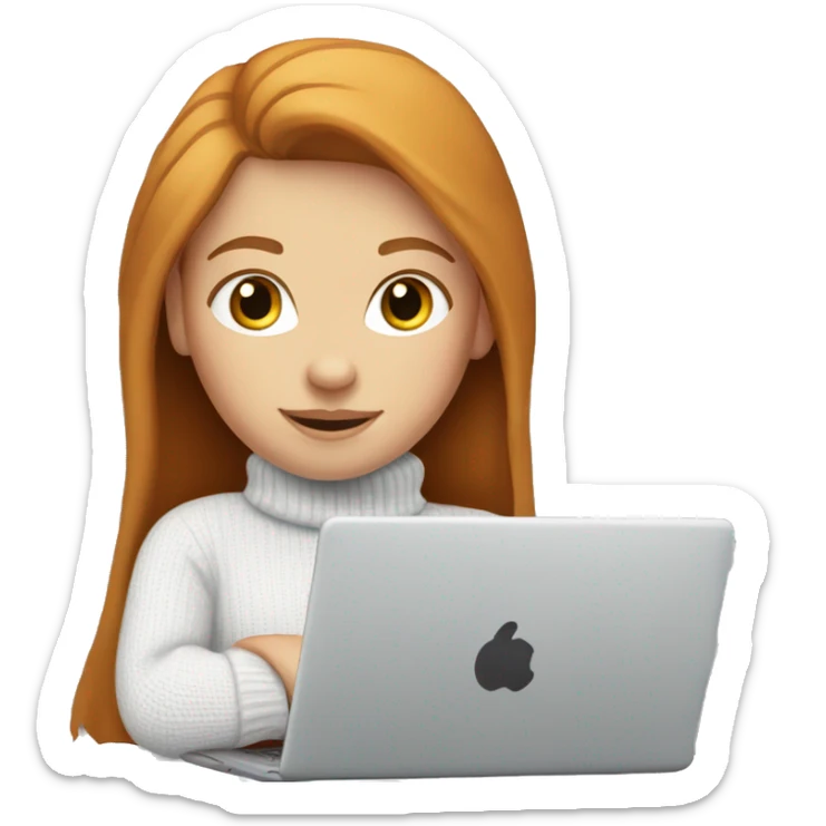 ginger girl with straight long hair and blue eyes in turtle neck white sweater working on a laptop sticker