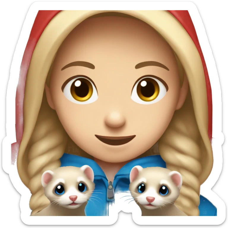 Ferret in hands of a blond girl with blue eyes in red hoodie  sticker